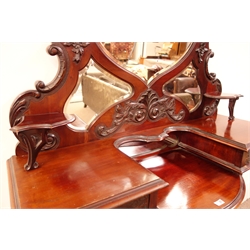  Victorian mahogany shaped mirror back sideboard, carved and pierced pediment, two drawers, single two cupboard doors, shaped apron, cabriole legs, W138cm, H234cm, D51cm  