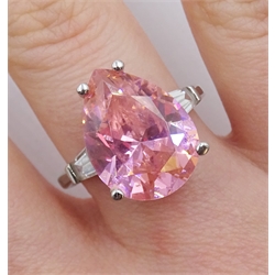 White gold pear shaped pink stone and cubic zirconia ring, stamped 14K