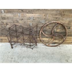 Two vintage agricultural harrows and cast iron machinery wheel/gear