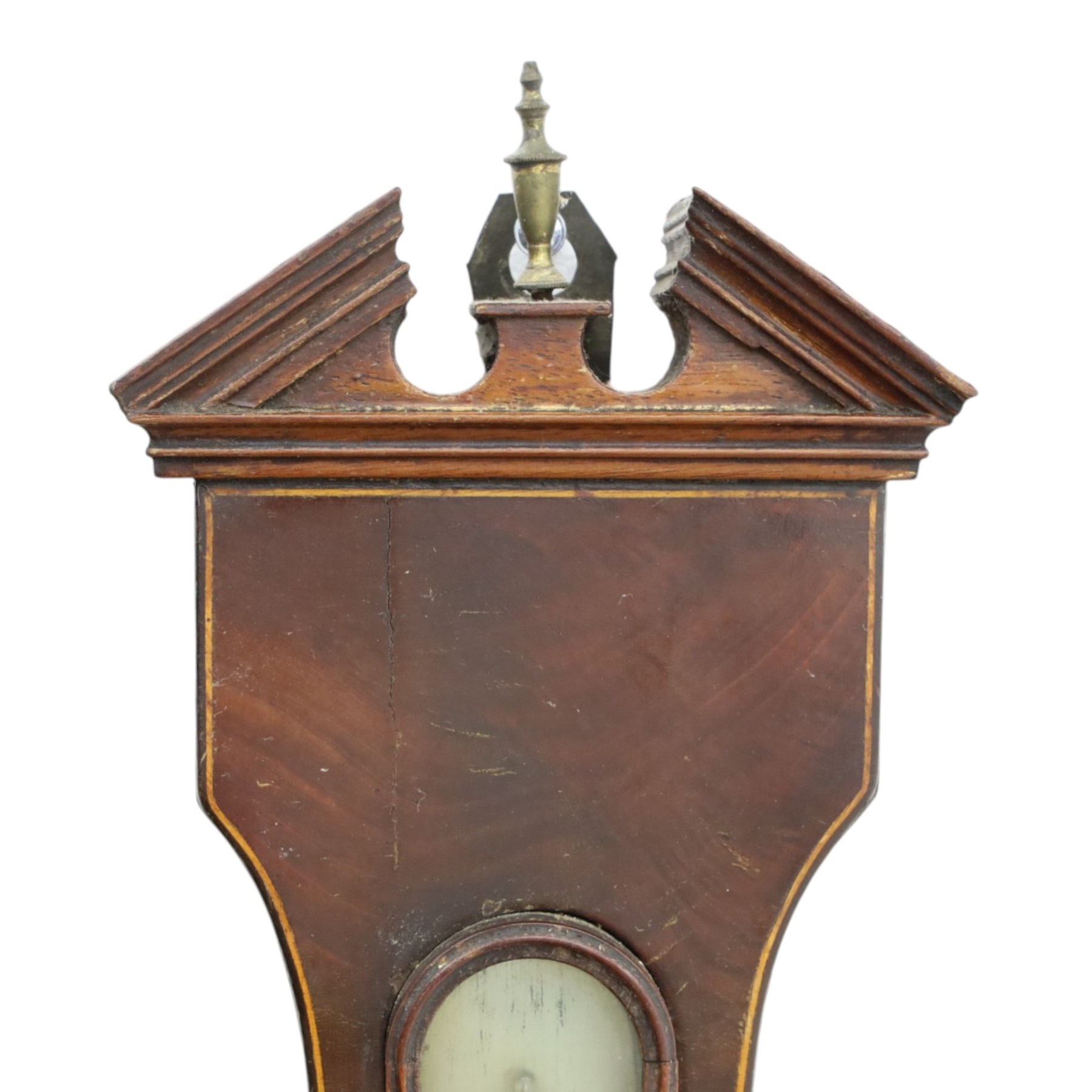 Three mahogany wheel barometers, each with silvered dial, thermometer and hygrometer, two with inlaid decoration, one with architectural pediment and one with swan-neck pediment 