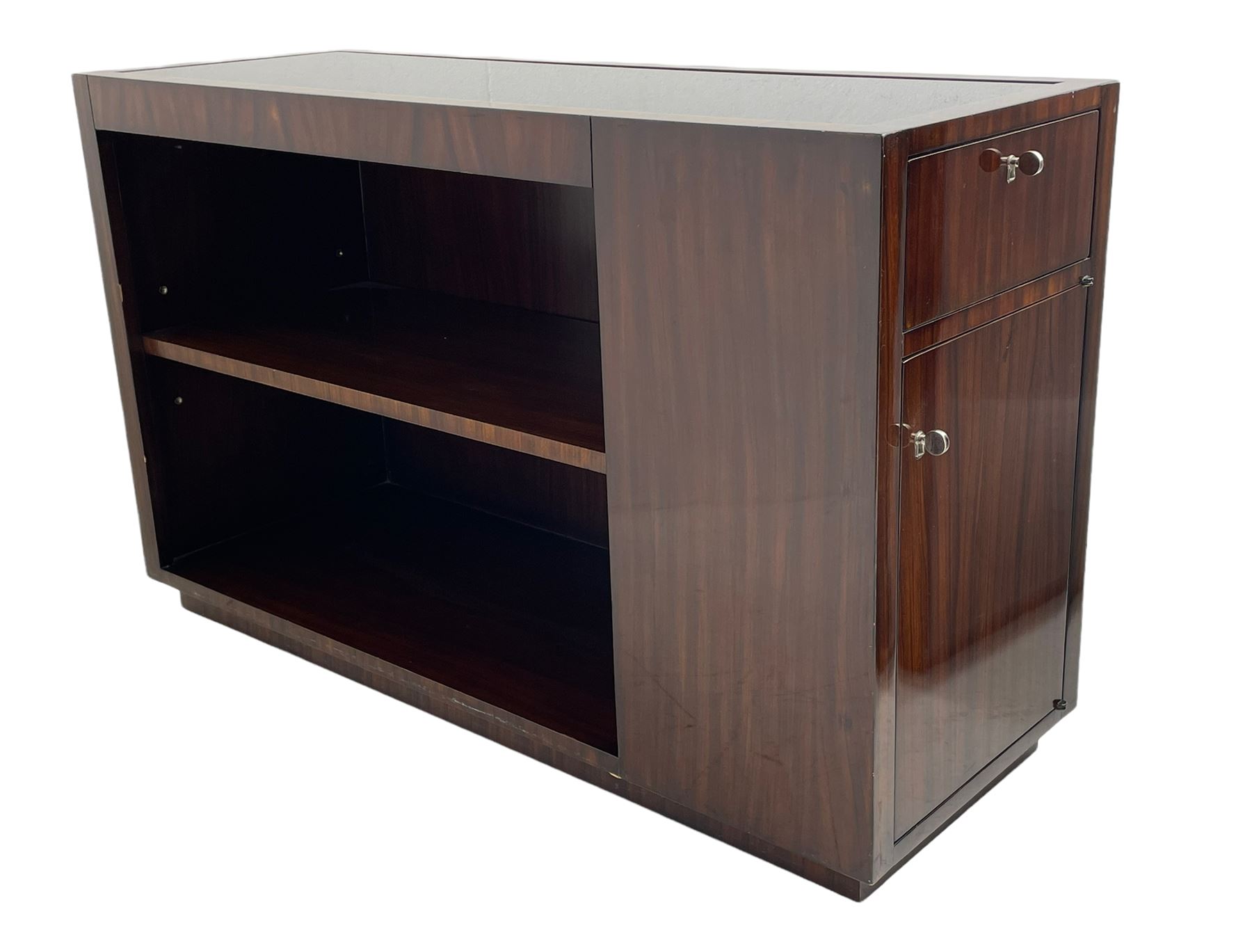 Ralph Lauren - pair 'Metropolis' Art Deco design end-tables, rosewood finish box frame with smoke glass inset, each fitted with cupboard, drawer and shelf