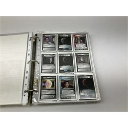 Collection of Star Trek collectors cards to include ‘Alternate Universe’ and ‘Q Continuum’ series, Star Wars cards etc housed in white album
and Harry Potter, Disney and other loose examples