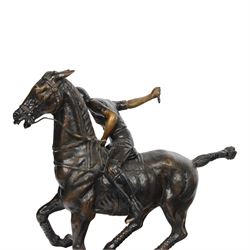 20th century spelter figure of a mounted polo player, upon a marble base, H60cm
