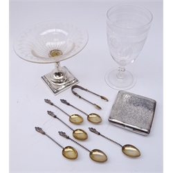  Edwardian silver & glass sweetmeat comport, Sheffield 1911, silver cigarette case,  set of six silver Apostle teaspoons & tongs and a finely etched glass goblet with monogram  