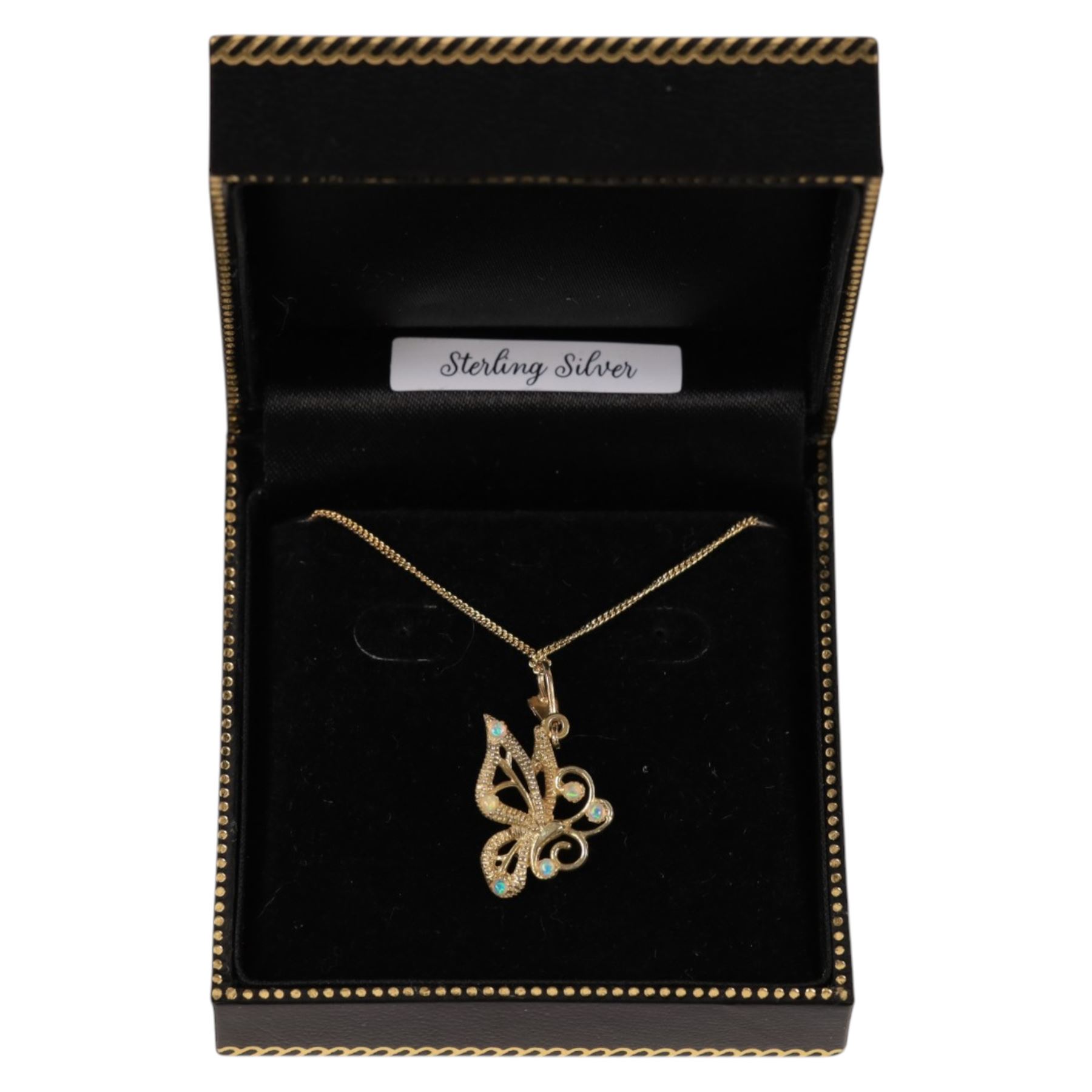 Silver and opal butterfly pendant necklace, boxed