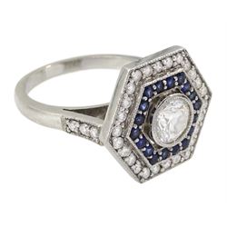 Platinum milgrain set diamond and sapphire hexagonal ring, the principle diamond of approx 0.55 carat, with sapphire and round brilliant cut diamonds, hallmarked