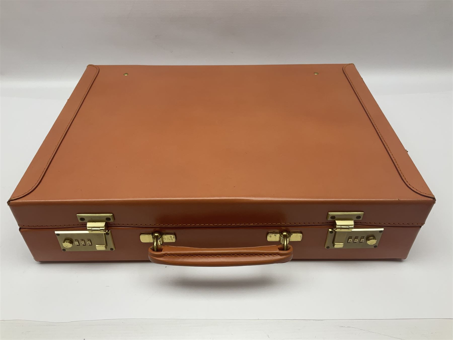 Papworth of Cambridge  leather attaché case, with brass fittings, with internal stationary compartments, H34cm, L47cm 