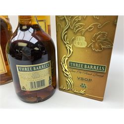 Mixed alcohol comprising Old Inverness Aged Scotch whisky, J.G.Thomson & Co, two bottles of White Horse Fine Old Scotch whisky, Three Barrels VSOP French Brandy in box etc, five bottles, various contents and proofs