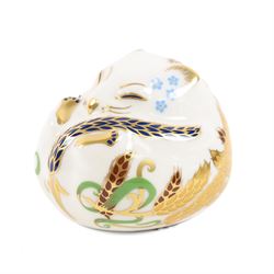 Two Royal Crown Derby paperweights comprising Imari Polar Bear with gold stopper and Sleeping Dormouse, with gold stopper  