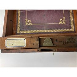 Two Victorian mahogany brass banded writing boxes, and a further Victorian rosewood work box decorated with mother of pearl inlay, largest L39.5cm (3)