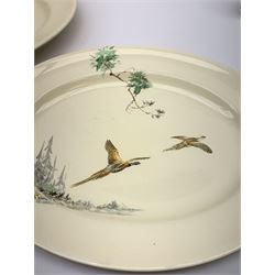 Royal Doulton The Coppice pattern dinner wares, comprising four dinner plates, three salad plates, two large bowls, three smaller, seven side plates, tureen and cover, two oval serving platters, sandwich plate, jug, three tea cups and six saucers, open sucrier, and three egg cups, together with two pieces of  Hartley Greens & Co, Leeds Pottery. 