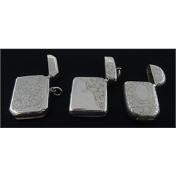  Three Victorian silver vesta cases, engraved decoration by Minshull & Latimer, Hilliard & Thomason and Harry Hayes, Birmingham 1878, 1896 and 1899 (3)  