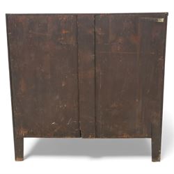 Early 19th century mahogany secretaire chest, the rectangular top over a fall-front fitted with pigeonholes and small drawers, above two long drawers with turned wooden knobs, upon swept bracket feet