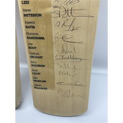 Two signed Yorkshire County cricket bats, from 2011 and 2012 seasons, bearing signatures including Adil Rashid, Andrew Gale, Ryan Sidebottom, Gary Ballance etc