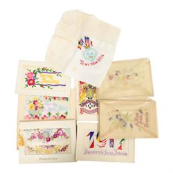 Eight WWI silk work sweetheart cards, and a silk to my wife handkerchief 