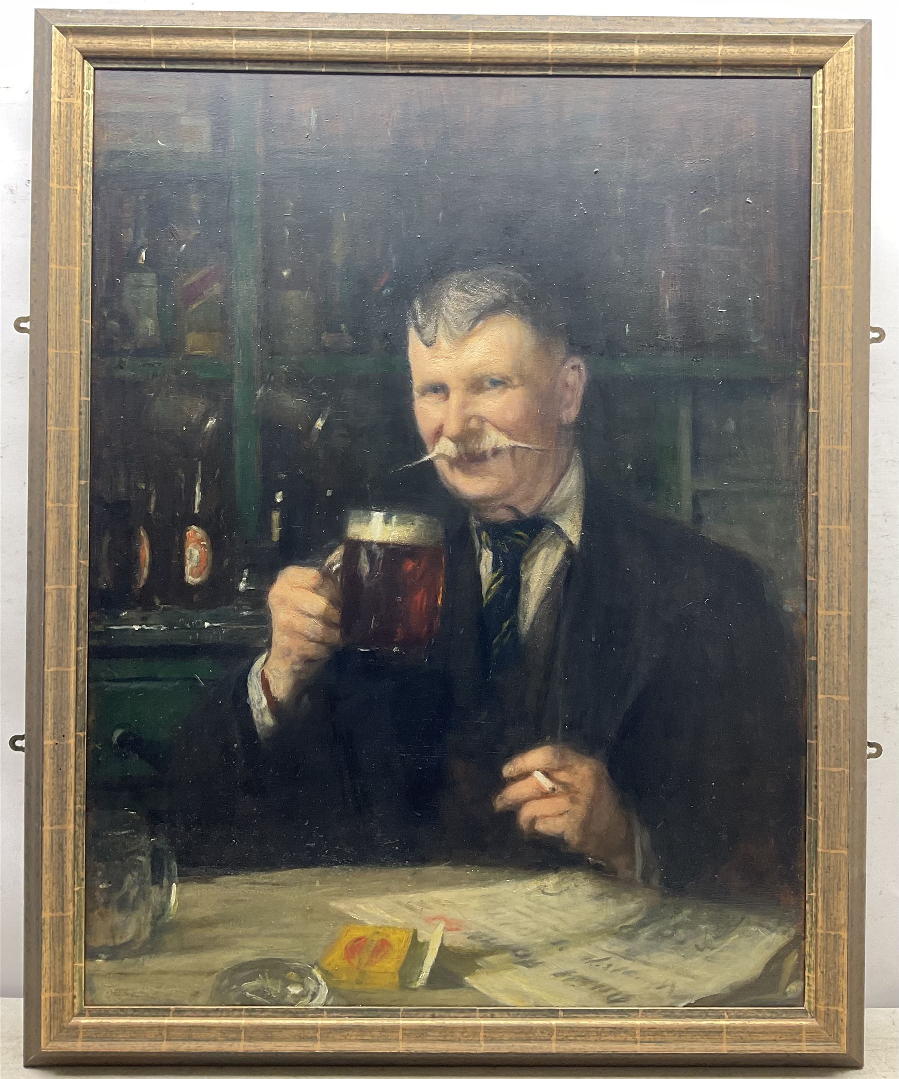 Frederick (Fred) William Elwell RA (British 1870-1958): Portrait of a Moustachioed Gentleman with a Pint of Beer and a Cigarette, oil on board unsigned 89cm x 68cm 
Provenance: from The Bell Hotel, Driffield; purchased Bonhams 20th January 2004 Lot 114
