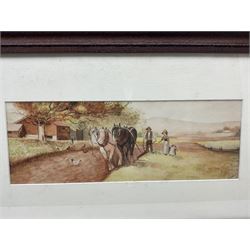 K Rowland (British early 20th century): Heavy Horses Ploughing, watercolour signed and dated '13, 13cm x 37cm; T Banks (British early 20th century): Dartmoor, gouache signed 14cm x 36cm (2)