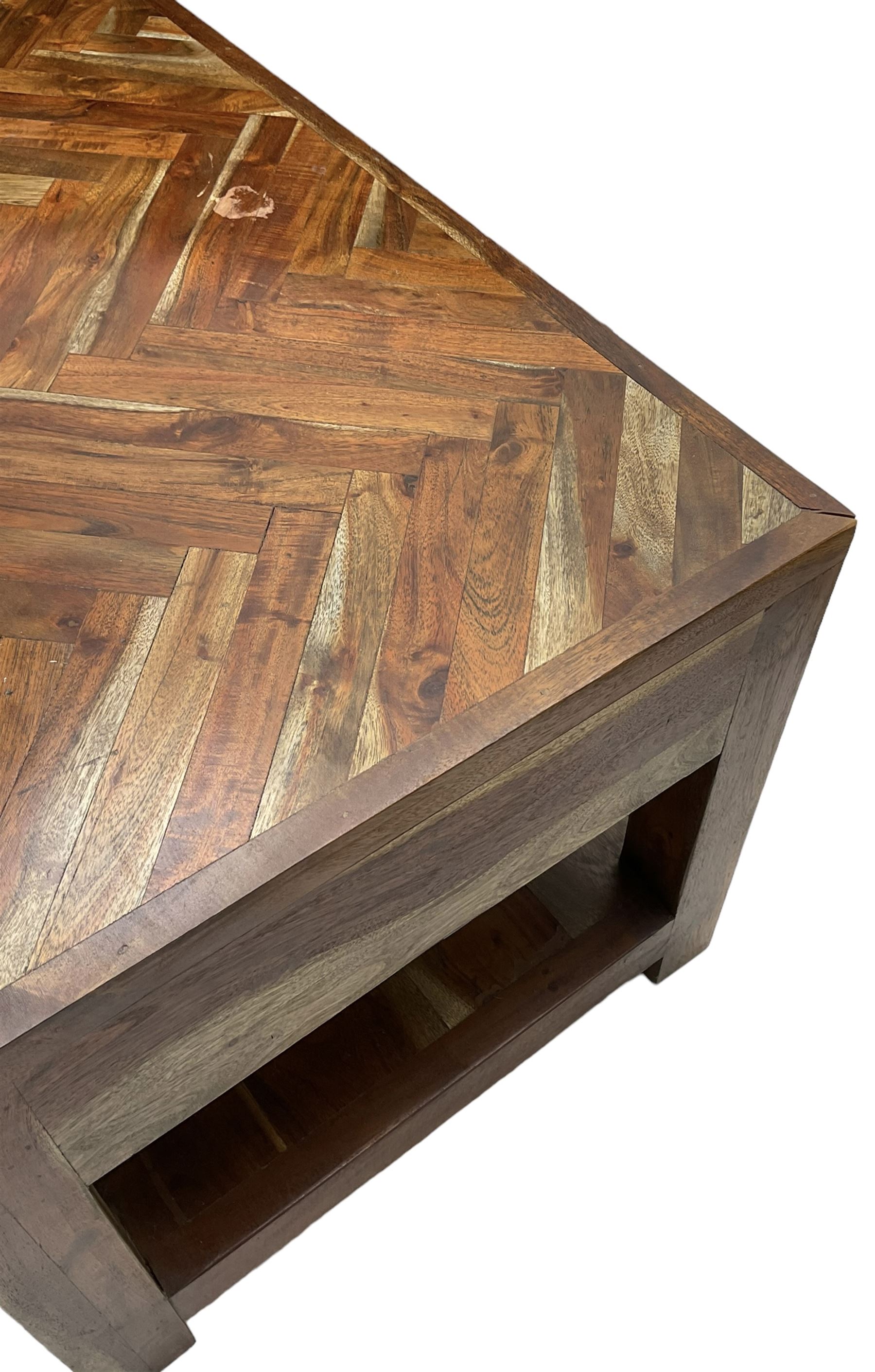 Joe Browns - hardwood lounge set; rectangular coffee table fitted with two drawers and under-tier (114cm x 50cm, H46cm); console table fitted with two drawers (W110cm, H76cm, D40cm); and a side table fitted with single drawer (W55cm, H66cm, D42cm)