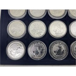 Twenty-four Queen Elizabeth II Britannia one ounce fine silver two pound coins, dated 1998, 1999, 2000, 2001, 2002, 2003, 2004, 2005, 2006, 2007, 2008, 2009, 2010, 2011, 2012, 2013, two 2014, 2015, 2016, 2017, 2018, 2019 and 2020 (24), housed on a coin tray