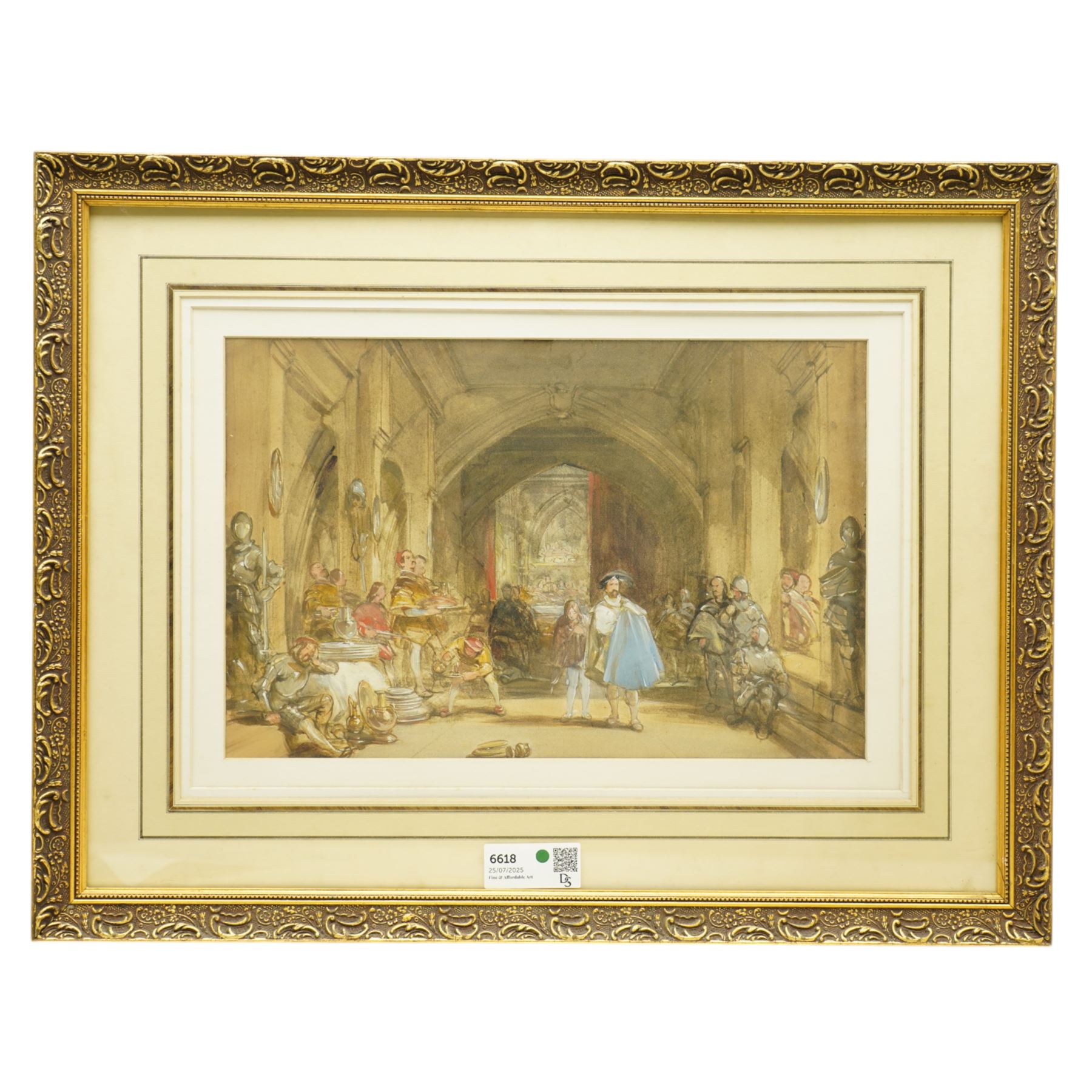 Circle of George Cattermole (British 1800-1868): The Lord's Entrance and Knights at Rest by Sarcophagus, two watercolours signed; (Henry William Lowe) Hurst (British 1865-1938): 'Old Cronies', watercolour signed max 27cm x 42cm (3)