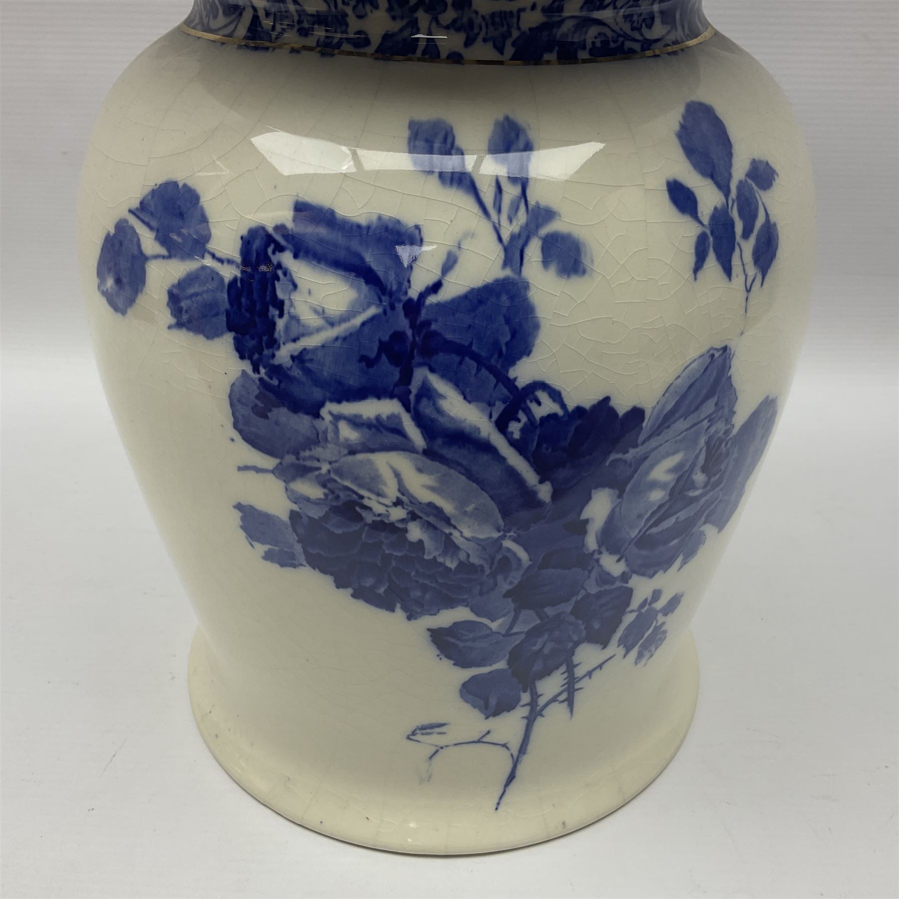 Doulton Burslem vase with fluted rim, in the Gloire-de-Dijon pattern H31cm