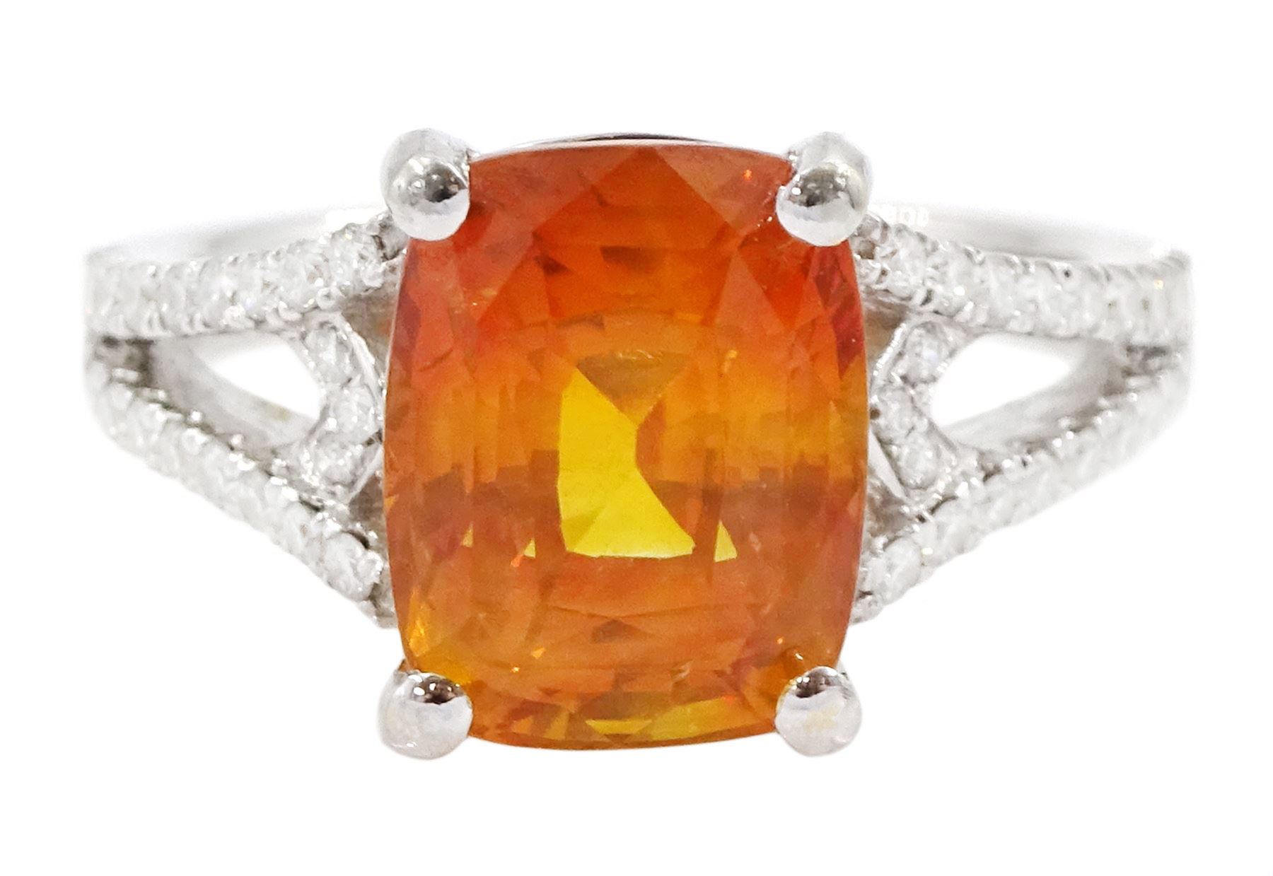18ct white gold orange / yellow sapphire ring, with diamond set shoulders, hallmarked, sapphire approx 4.80 carat