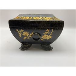 Regency papier-mâché box, decorated in the chinoiserie taste, with twin ring handles and four stylised feet, the cover painted with a figural scene above a front painted with two birds upon water, H15cm L23.5cm 