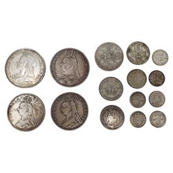 Queen Victoria 1889 and 1897 crown coins, 1888 (stamped JG to obverse) and 1890 double florins and a small number of pre 1947 Great British silver coins