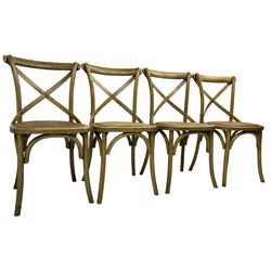 Set of four elm French farmhouse design dining chairs, bar back over x-framed back, cane work seat, on out-splayed supports 