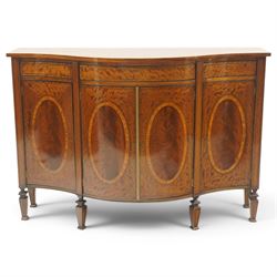 Quality handmade Sheraton Revival inlaid mahogany serpentine-front commode sideboard, shap...