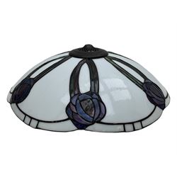 Collection of Tiffany-style light shades, to include six bowl-shaped wall-mounted fittings with floral and berry motifs and three ceiling-mounted light shades