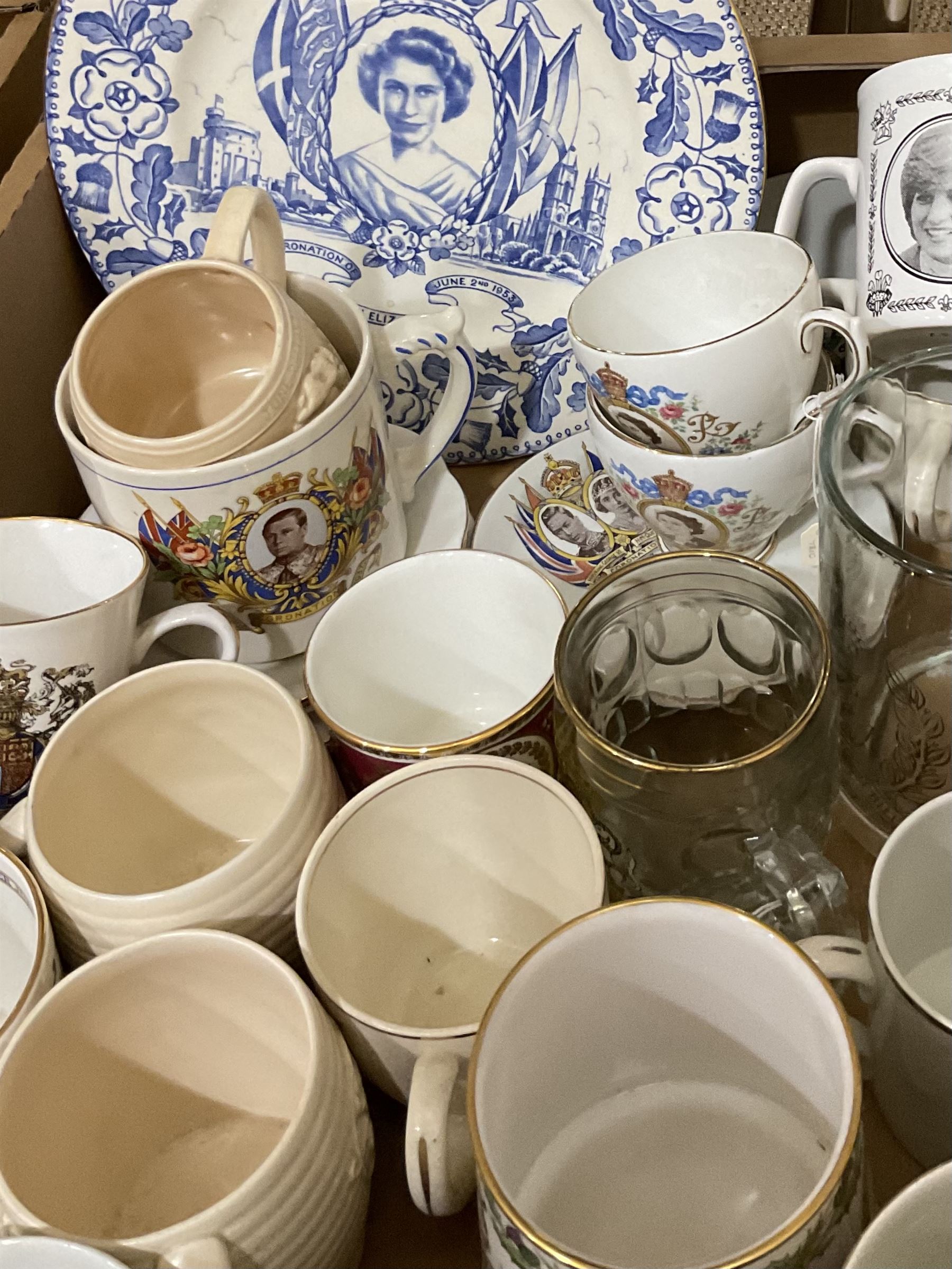 Collection of Royal Commemorative ware, to include Spode Silver Jubilee mug, Shelly King George mug, Burleigh Ware Coronation plate, Boncath Pottery 80th birthday of the queen mother cup, and other mugs, plate, etc., in one box 