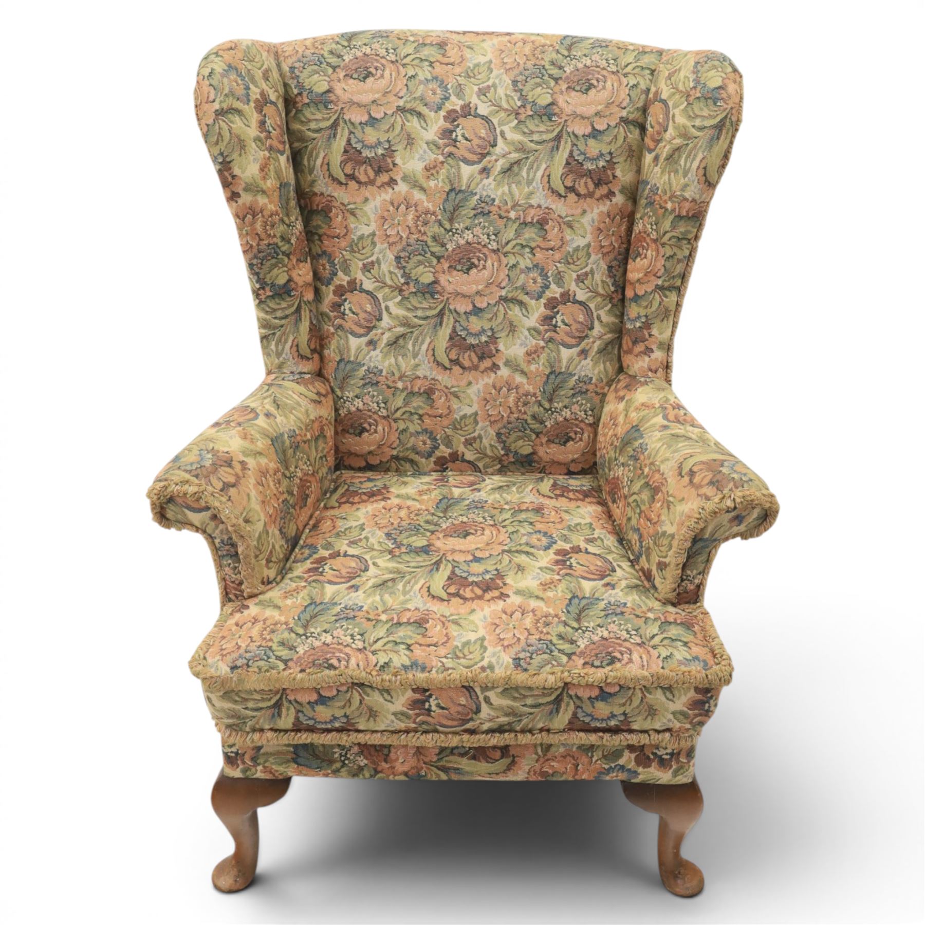 Parker Knoll - pair of mid-20th century wing back armchairs, upholstered in tapestry fabric, raised on cabriole legs