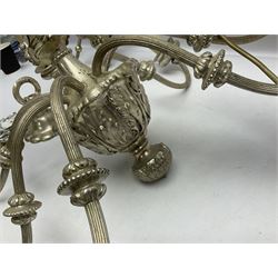 Siz branch silvered chandelier, decorated with acanthus leaves and putti, together with two matching three branch wall sconces, chandelier D65cm