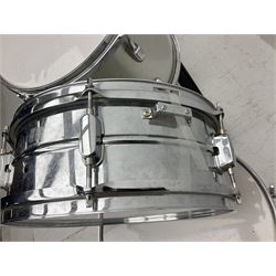 Composite seven-piece drum kit by various makers including Gear4Music, Yamaha and Hohner, comprising bass drum, four various toms, two snares and four graduated cymbals