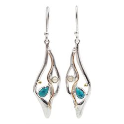 Silver and 14ct gold turquoise and pearl contemporary design pendant earrings, stamped 925