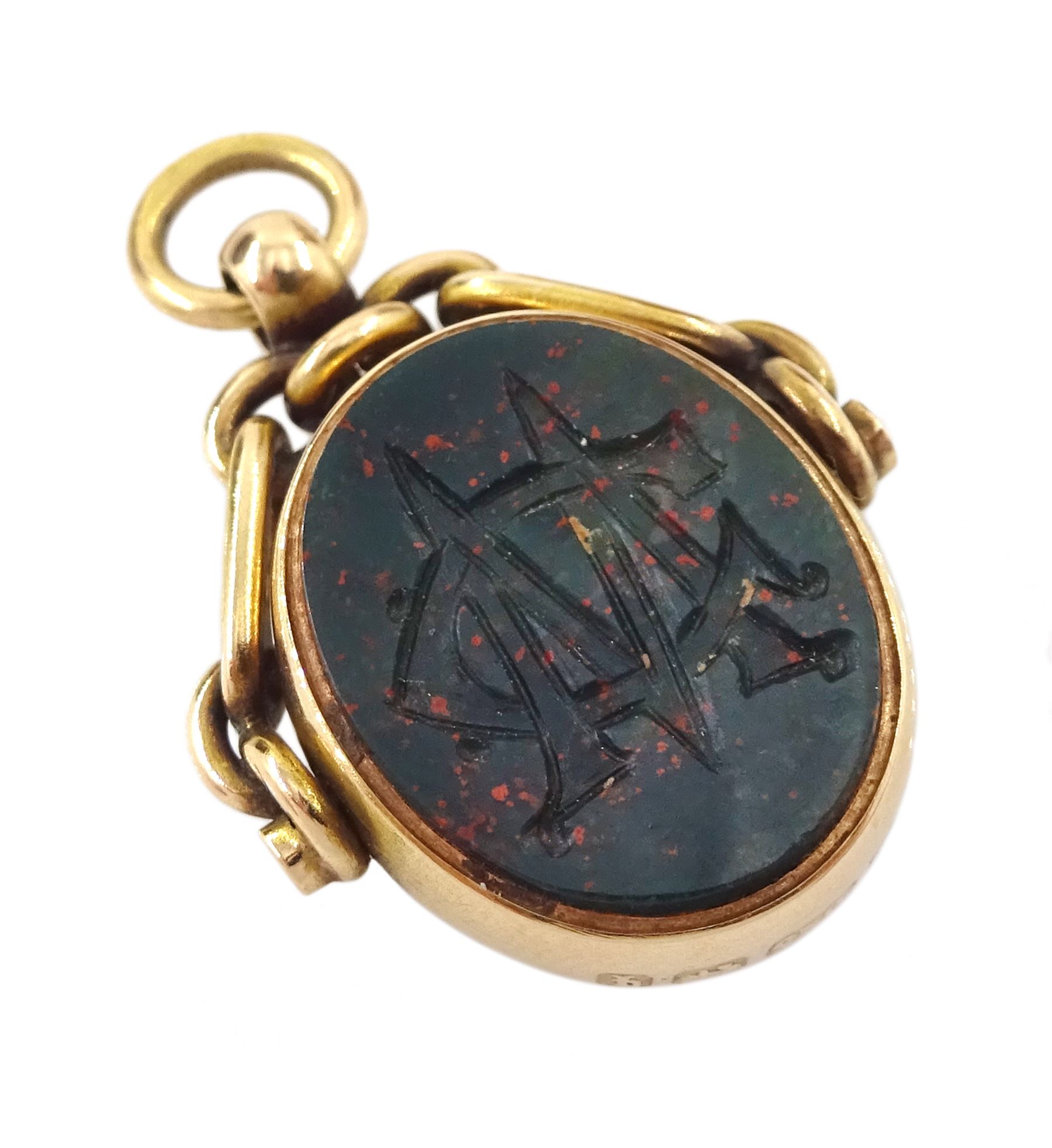 Victorian 15ct gold swivel fob, the agate intaglio depicting a crescent moon above a castle and inscribed 'Noli Me Tangere', the reverse bloodstone monogrammed 'MG', Birmingham, 1890 and two gold-plated carnelian and agate intaglio fobs, all with wax seal impressions