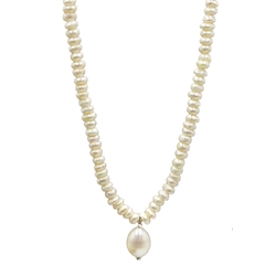  Single strand freshwater pearl necklace with pearl drop, silver clasp stamped 925, cased  
