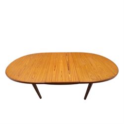 Mid-20th century teak oval extending dining table with set of six teak ladder back chairs with upholstered seats, table W150xD91xH74cm, 199cm extended, chairs W41xD43xH94cm