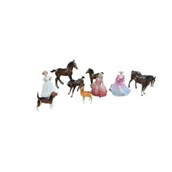 Beswick figures, including horses and Baby Cham deer, together with Royal Doulton figures 