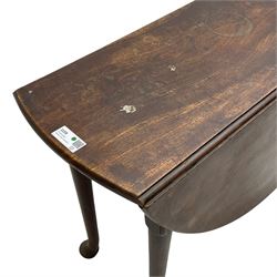George III mahogany table, oval drop-leaf top on cabriole supports, gate-leg action base 