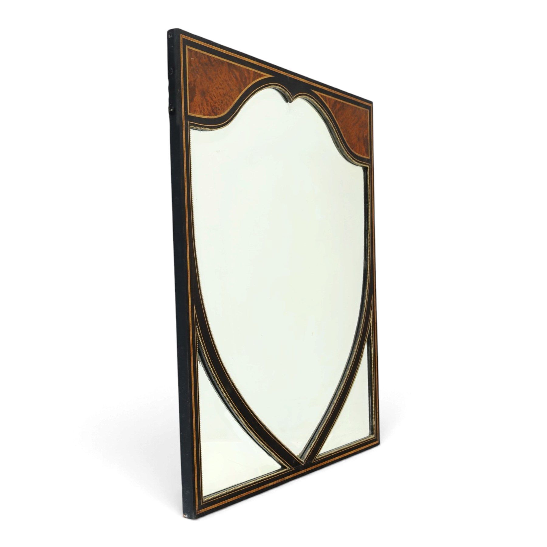 Edwardian mahogany heart-shaped wall mirror, bevelled mirror plate within a shaped frame, the rectangular surround decorated with satinwood crossbanding and burr walnut veneers, applied gilt decoration with hooks for hanging
