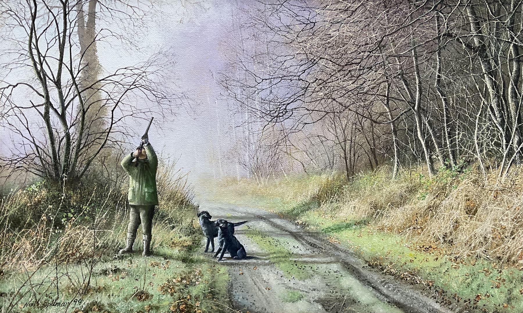 Neil Spilman (British 1951-): 'All Eyes Skyward', oil on canvas signed and dated '99, titled verso 24cm x 40cm
