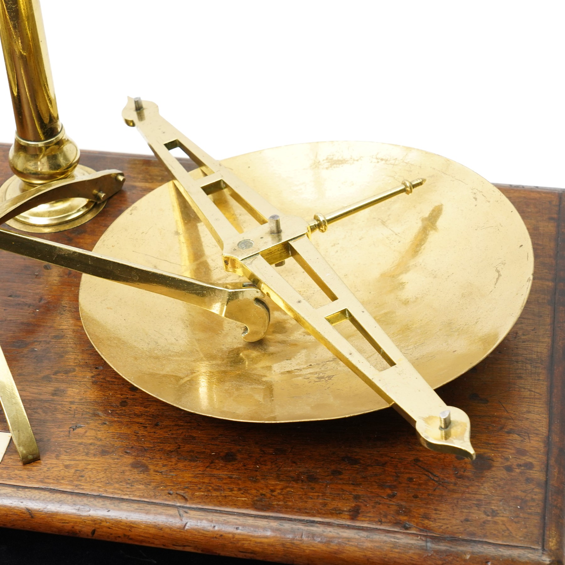  Large set of 19th century brass Apothecary Scales on mahogany single drawer base W56cm and a pair of 19C turned wood altar candlesticks