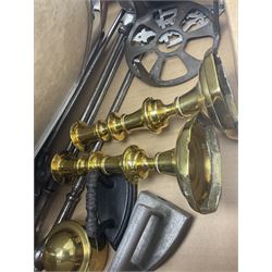 Piquot ware tea set, together with brass candlesticks, fireside tools and other collectables, in two boxes  