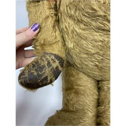 Mid-20th century plush covered teddy bear the revolving head with applied eyes, vertically stitched nose and jointed limbs with rexine pads H58cm; together with a leather backpack (2)