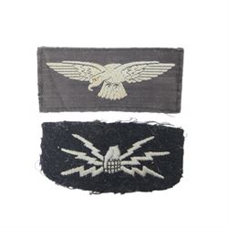 RAF scarce cloth embroidered Wireless Operator Air Gunner brevet and Air Gunner, together with wireless operator patch, eagle shoulder patch and three flight sergeant crowns 