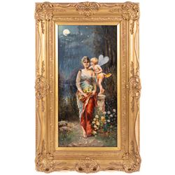 Manner of Hans Zatzka (Austrian 1859-1945): Lady and Cherub in Moonlit Garden, oil on panel indistinctly inscribed, 49cm x 24cm 