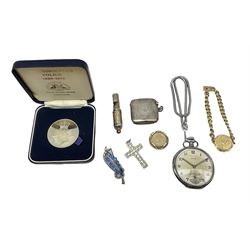 Edwardian silver vesta case B'ham 1902; Metropolitan Police 150 year commemorative medallion; cased; whistle reputedly Military Police; BVG chromium plated keyless wind pocket watch; and costume jewellery