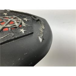 Terry Pratchett Discworld plaques, designed by Clarecraft, comprising 'the First Discworld Event Clarecraft August 95', the collectors guild joining shield, the fools guild DW99C, the seamstresses guild DW98C, the musicians guild DW00C together with 'Door of the mended drum' wall hanging DW17. 